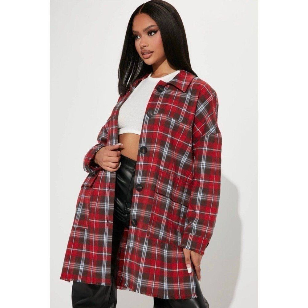 NEW Fashion Nova Women Medium Red Black Plaid Long-Sleeve Flannel Top